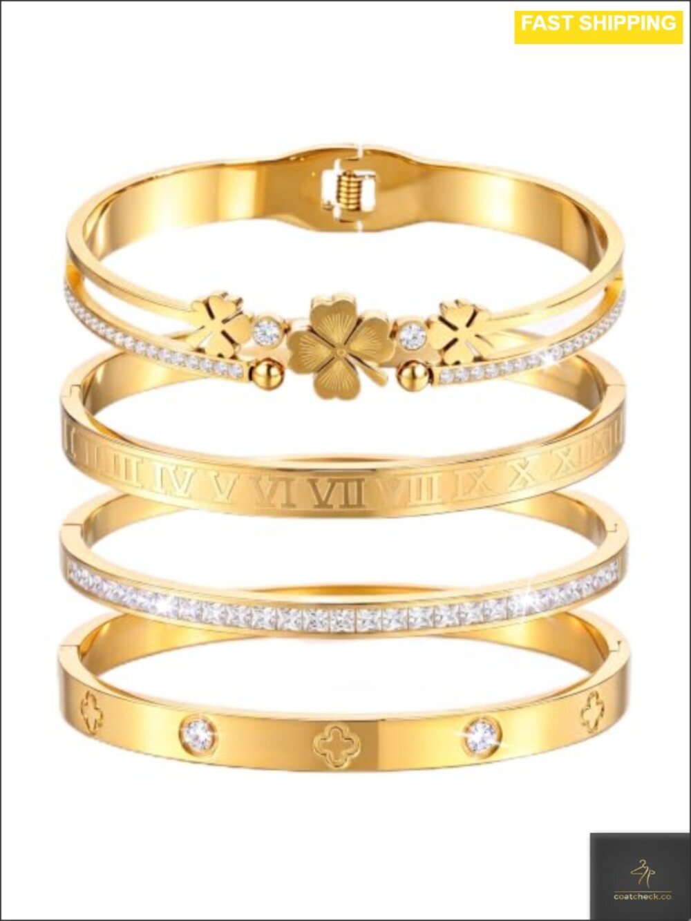 18K Gold Plated Stainless Steel Bangle Bracelet Set Stackable Floral Cuff for